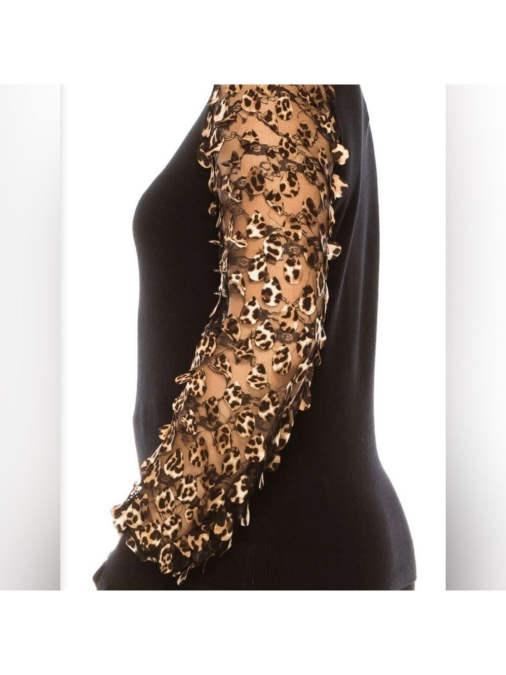 Sioni Leopard Lace Mesh Long Sleeve Ruffle Mock Neck Sweater Top Size Medium - Picture 6 of 8